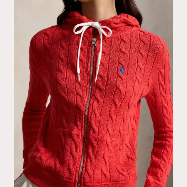 Cable Knit Cotton Full Zip Hoodie Bright Hibiscus