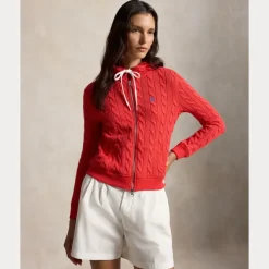 Cable Knit Cotton Full Zip Hoodie Bright Hibiscus