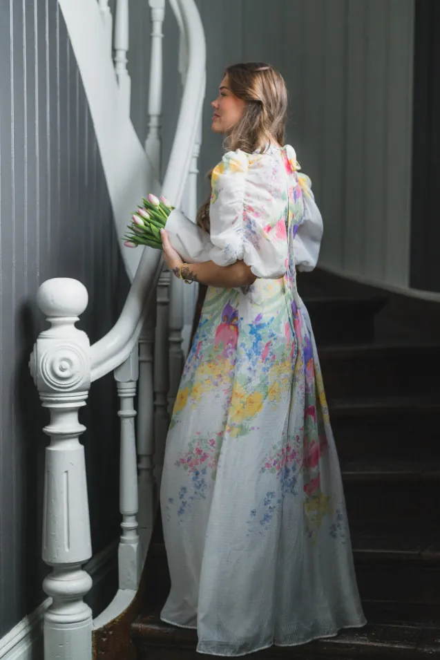 Dotted Georgette Tieback Gown Flower Meadow