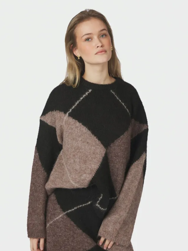 Inga Check Fluff Knit Blouse Dark Brown