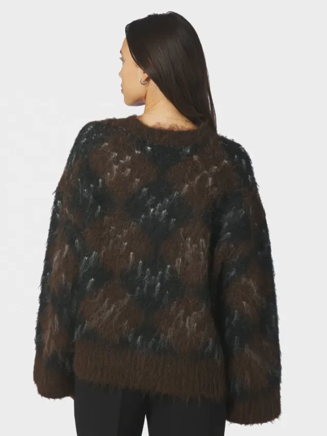 Roeme Check Fluffy Knit Blouse Dark Brown