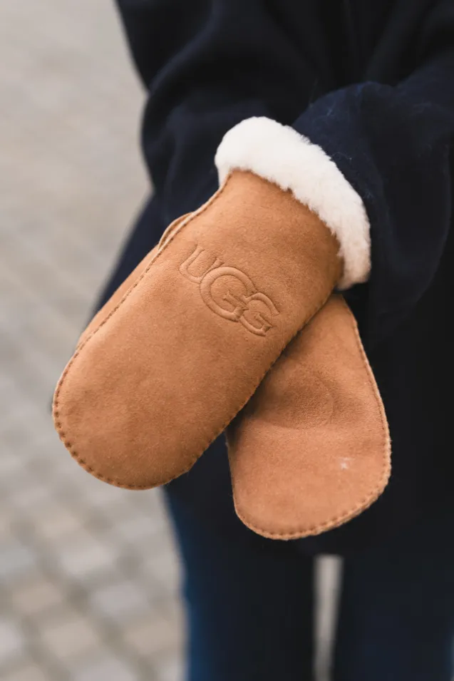W Sheepskin Embroider Mitten Chestnut